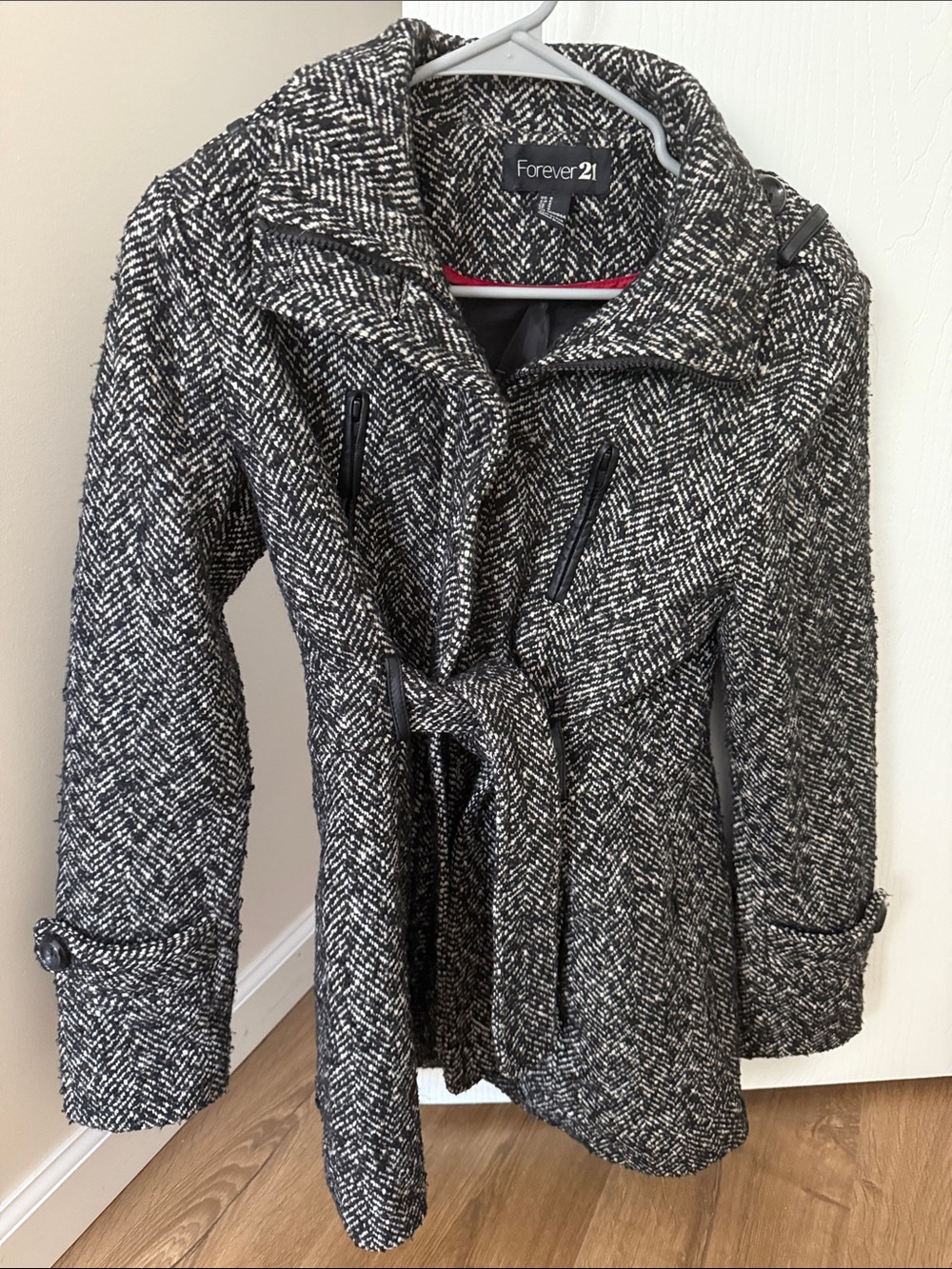 Forever 21 Black and White Tweed Belted Pea Coat